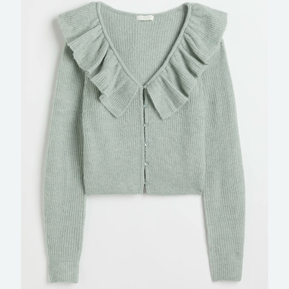 H&M Flounce Collared Cardigan in Mint Green